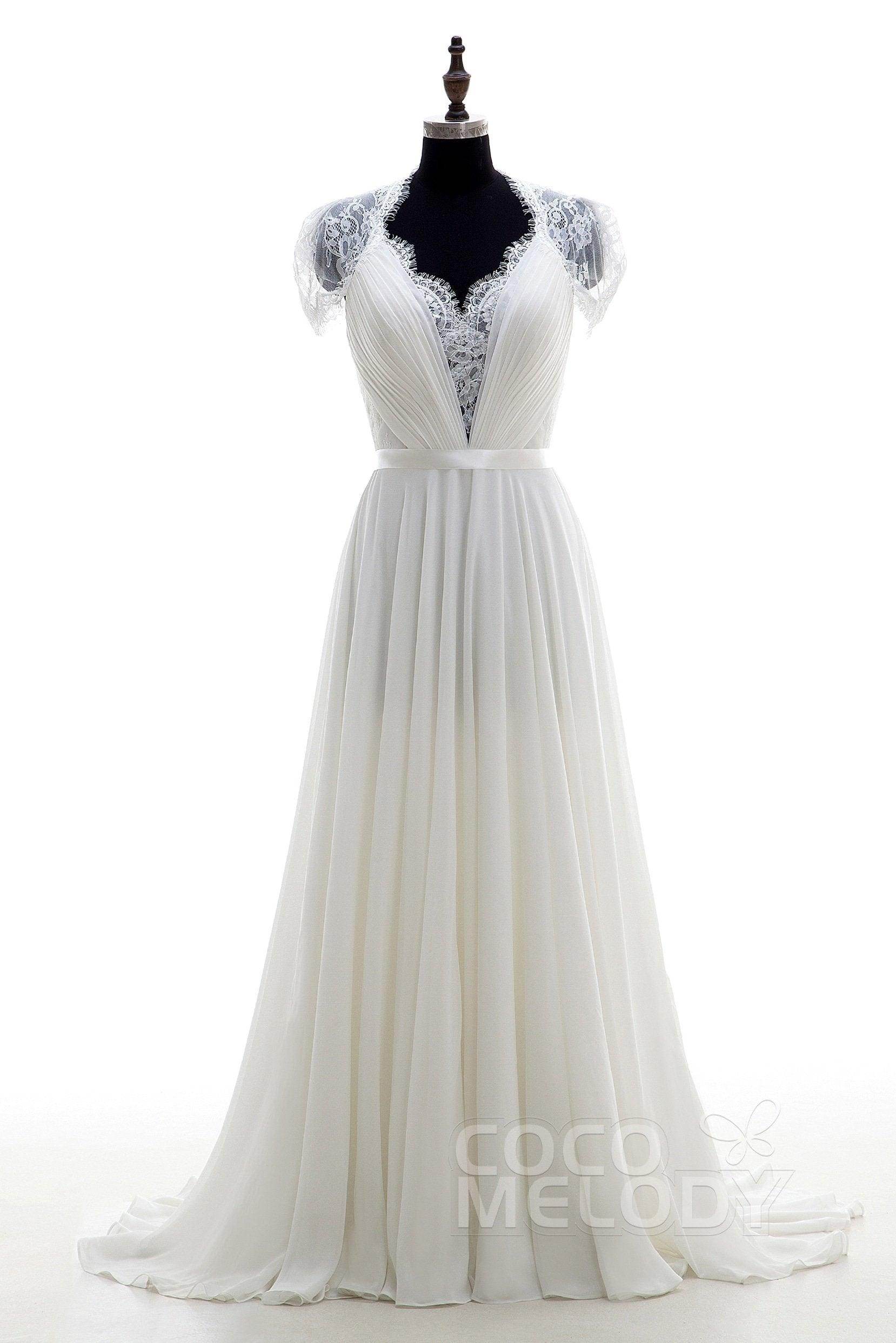 A-Line Sweep-Brush Train Chiffon Wedding Dress LD2676 - COCOMELODY